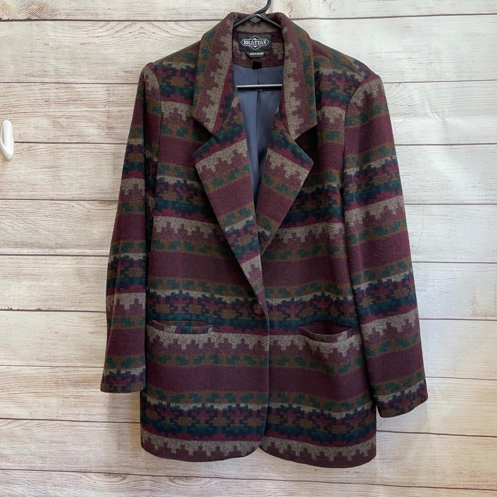 VINTAGE BRAETAN AZTEC PRINT WOOL BLEND BLAZER‎